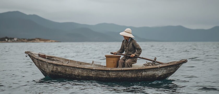 A fisherman rows a traditional boat at sea.