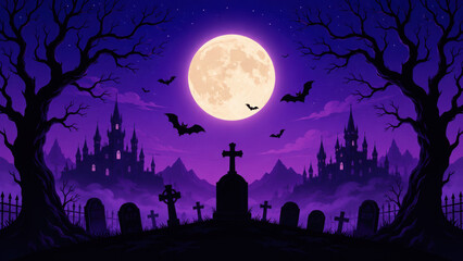 Fototapeta premium Purple Cemetery halloween background banner