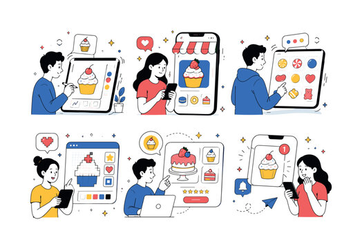 Digital Sweet Treats, clean editorial illustration set with 6 separate small editorial illustrations about digital sweet design, cute dessert app, candy interface, sweet pixel shapes, online bakery
