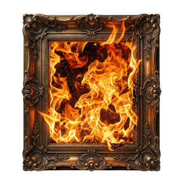 Ornate antique bronze picture frame filled with roaring fire flames isolated on transparent background