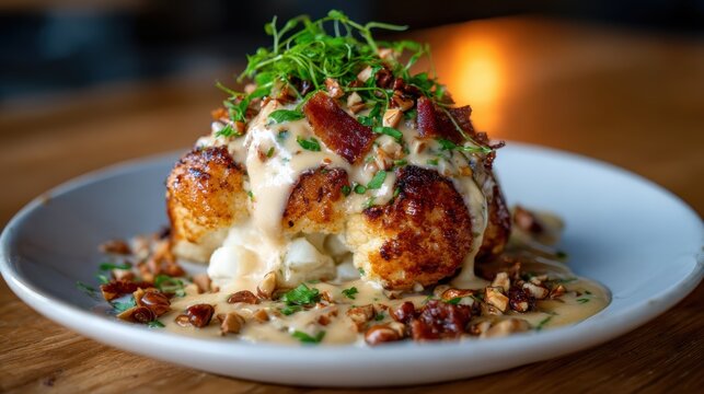A beautifully plated gourmet roasted cauliflower dish topped with creamy sauce, crispy bacon, and herbs that tantalizes the taste buds with its rich flavors and textures.