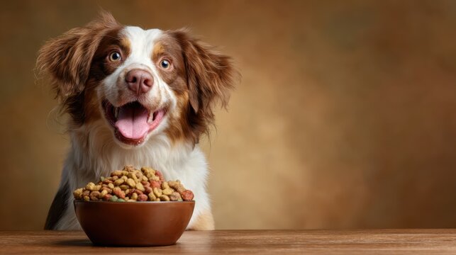 A joyful dog poses happily beside a full bowl of kibble, embodying the themes of companionship and unconditional love that pets bring into our lives, radiating positivity.