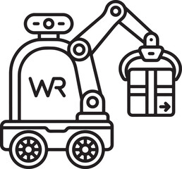 Naklejka premium Robotic warehouse vehicle with mechanical arm carrying a package