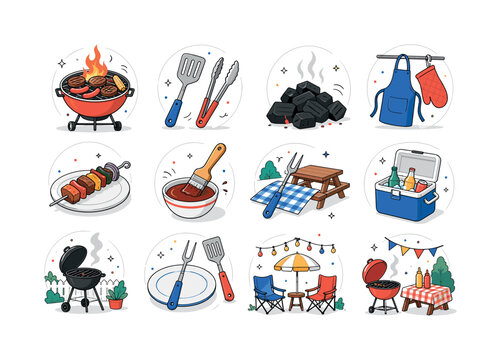 BBQ Grill Party. Barbecue grill, spatula, tongs, charcoal, flame, aprons, skewers, sauce, picnic tables and summer cookout. 12 minimalist editorial vector scenes: grill holds food over flame, spatula