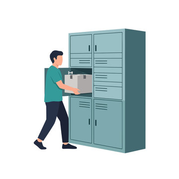 Vector illustration of a customer retrieving a cardboard package from an automated electronic parcel locker station, highlighting modern e-commerce delivery logistics and smart pickup.