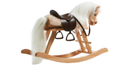 Wooden rocking horse toy with brown saddle and white mane © Motruc