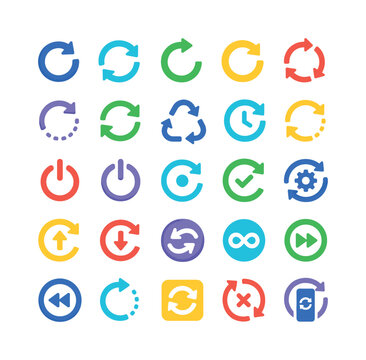 Reboot Refresh Controls, bright flat vector icon set, create 25 colorful isolated object icons of refresh arrows, reboot circles, reset signs, reload buttons, rotation arrows, update controls, repeat
