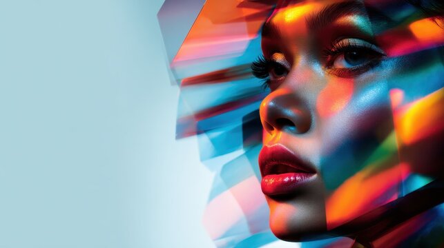 An artistic portrait features a woman's face overlaid with vibrant, colorful geometric shapes, highlighting beauty, modernity, and the complexity of human emotions.