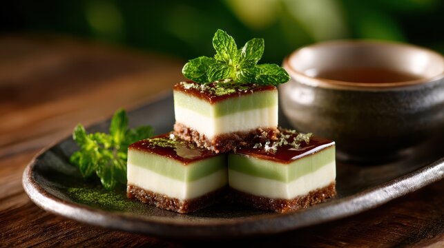 A delectable dessert featuring three layers of flavor, topped with a fresh mint leaf, showcasing the art of presentation and the joy of culinary creativity.