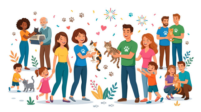 Happy group of people and volunteers adopting rescue cats