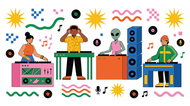 Flat vector illustration of diverse djs performing at electronic music party with alien.