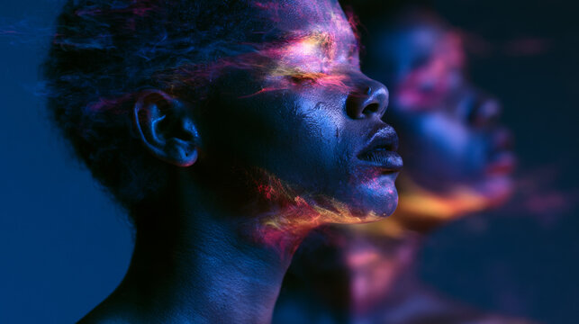 Creative profile portrait of a person with glowing cosmic nebula-like light and color across the skin on a deep dark background, an artistic concept of inner universe and imagination.
