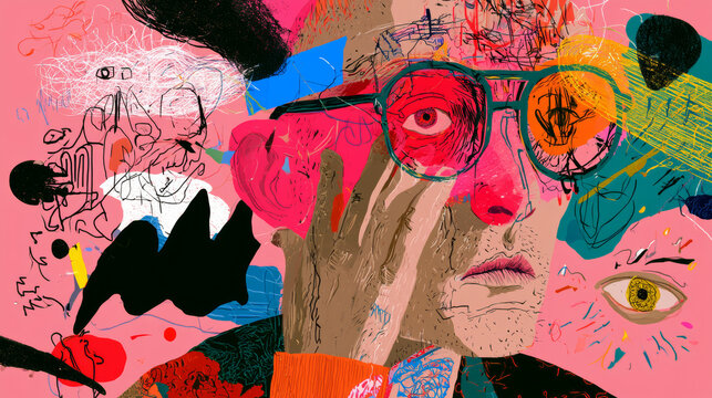 A vivid neo-expressionist digital collage of a stylized face with round glasses, built from scribbled lines and bold color blocks, an energetic contemporary art illustration.
