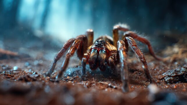 This captivating close-up shot showcases intricate details of a spider, highlighting its eyes, fangs, and furry legs, set against a moody, misty background.