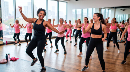 Fototapeta premium Diverse group of women enjoying a lively dance fitness class together