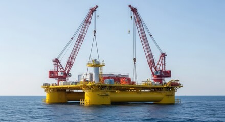 Fototapeta premium Offshore construction platform with two massive red cranes assembling industrial equipment at sea.