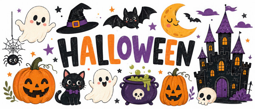 Happy Halloween set of elements, ghost, pumpkin, bat and cat. Vector is cute illustration in hand drawn style