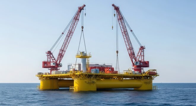 Offshore construction platform with two massive red cranes assembling industrial equipment at sea.
