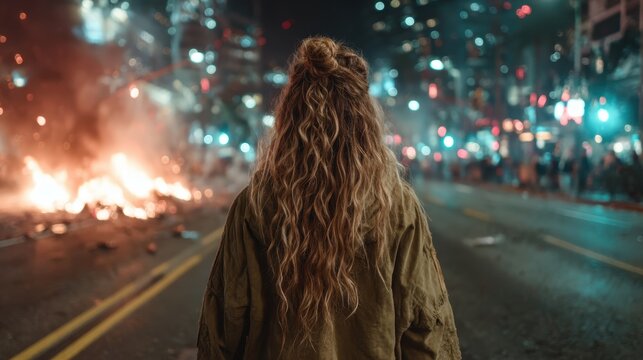 A lone figure stands with their back to the camera, observing a chaotic urban scene filled with lights, unrest, and a fire, evoking a mix of emotions and reflections.