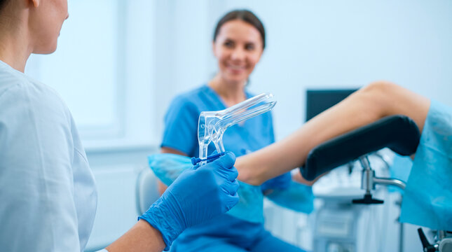Gynecologist preparing for a medical examination with a speculum in a clinic