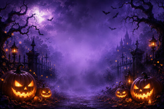spooky halloween illustration for kids carwed pumpkins and copy space in the middle. High quality photo
