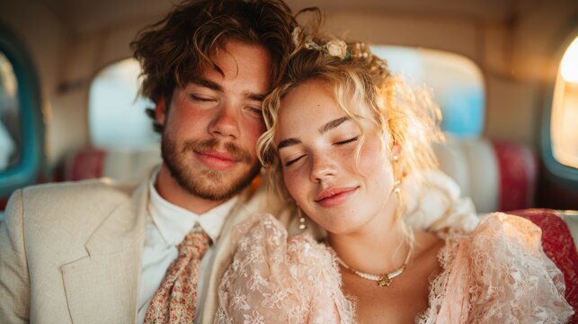 A tender moment captured between a couple in a vintage car, sharing a peaceful embrace that expresses love and intimacy against a nostalgic backdrop.