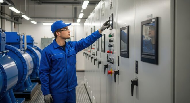 Skilled Technician Inspecting Electrical Control Panel in Industrial Facility