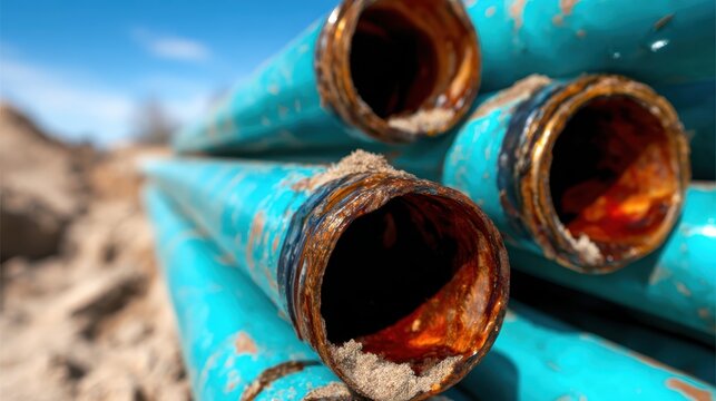 This close-up image showcases stacked old, rusty blue pipes, highlighting the texture and patterns of decay, evoking themes of neglect and the passage of time in industry.