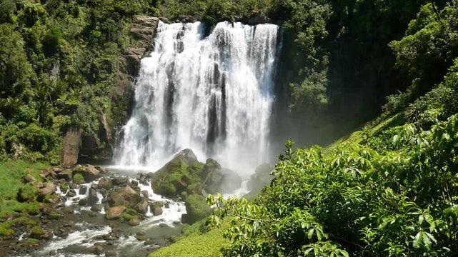 This waterfalls flow through lush limestone forest, where the Marokopa River creates a beautiful horseshoe shaped cascade. Marokopa Falls, Waikato, New Zealand.