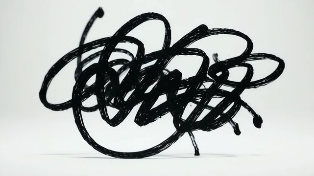 Abstract black ink scribble motion on white background with subtle camera zoom and selective focus