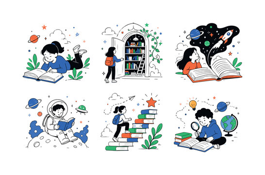 Cosmic Reading Journey, clean editorial illustration set, create 6 separate small editorial illustrations in a 3x2 layout showing girl reading open book, magic library, galaxy story, astronaut