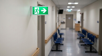 Fototapeta premium Green exit sign with arrow hanging in a quiet hospital hallway with blue chairs