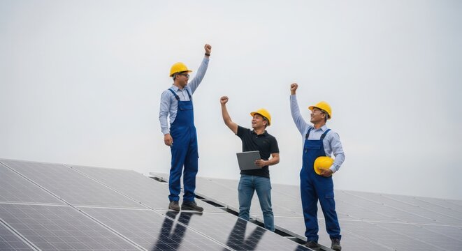 Three Diverse Solar Energy Installation Workers Celebrate Successful Project Completion Outdoors