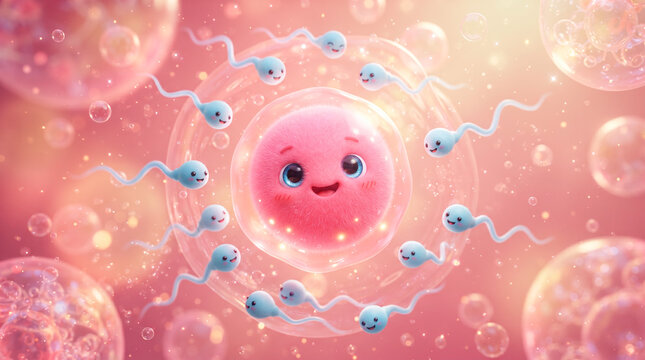 Cute cartoon sperm cells swimming towards a happy egg cell in a vibrant pink background