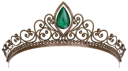 Ornate bronze tiara with large green emerald gemstone © Motruc