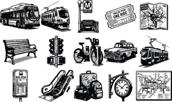 Hand drawn public transportation icons set including bus train metro station ticket bench taxi escalator clock map vector sketch
