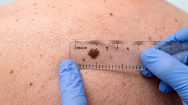 Dermatologist measuring a mole on skin with a ruler to check for changes