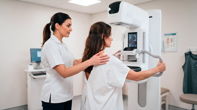 Radiologist assists patient during mammogram screening procedure with modern equipment