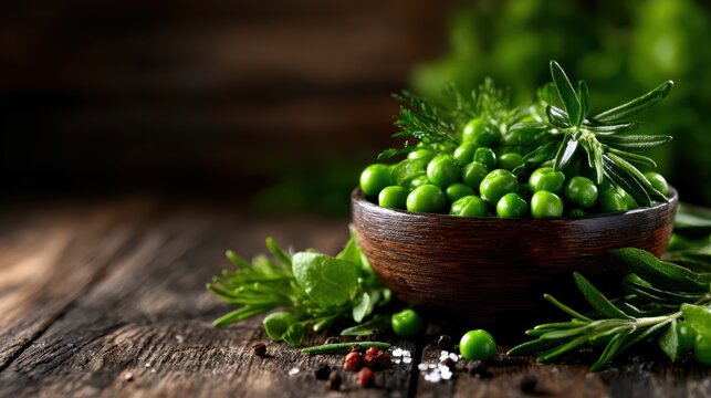 An artful arrangement of fresh green peas in a wooden bowl, garnished with aromatic herbs, reflecting the essence of healthy eating and culinary creativity.