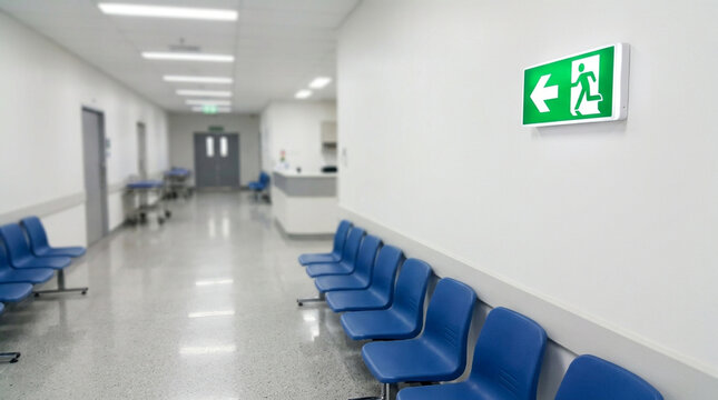 Green emergency exit sign mounted on wall in a modern hospital waiting corridor