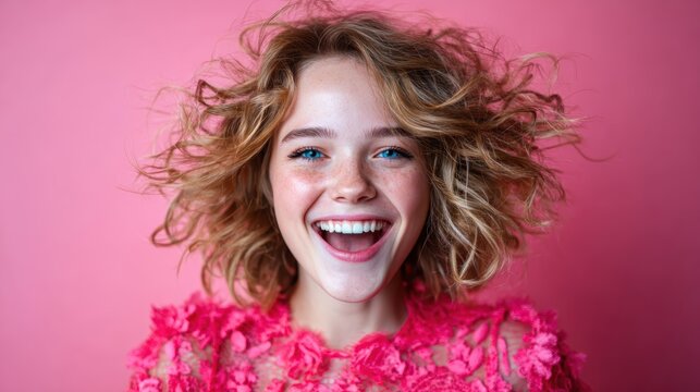 A joyful young girl with curly hair laughs heartily in front of a vibrant pink backdrop, capturing the essence of carefree childhood and exuberance.