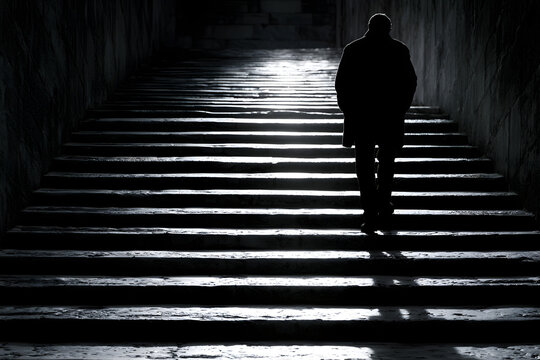 A silhouette ascends dark, ancient stone stairs towards a bright light, symbolizing a challenging journey, hope, and the unknown future.