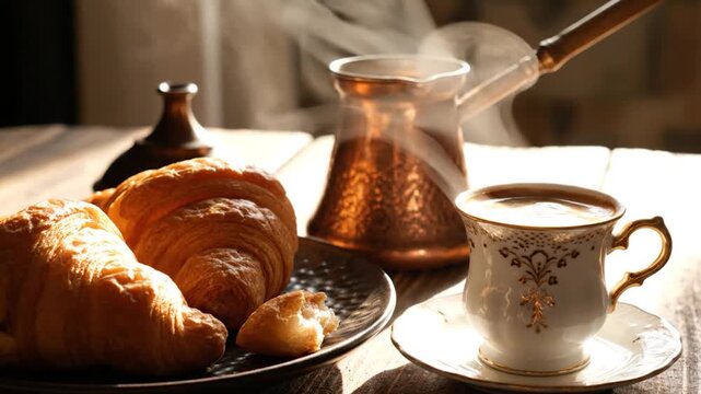 Fresh croissants and hot coffee served on a rustic table
