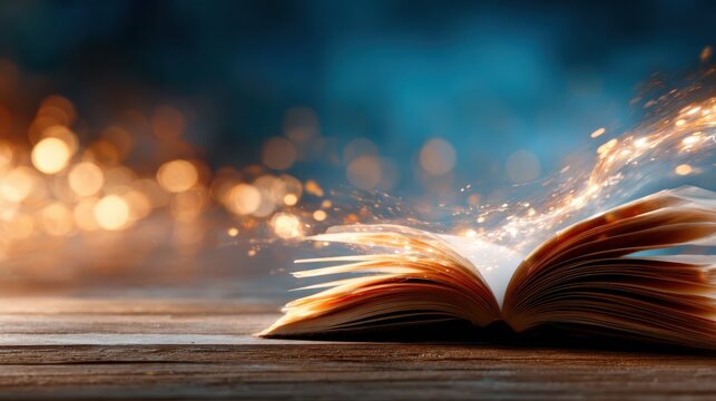 An open book releases magical sparks of inspiration, symbolizing the power of storytelling and creativity, inviting readers into a world of possibilities and imagination.