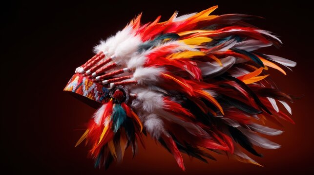 This vibrant headpiece showcases intricate feather designs and bright colors, representing cultural heritage in native traditions and ceremonies.
