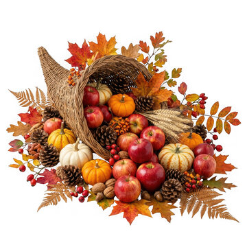 Thanksgiving cornucopia filled with pumpkins, apples, pinecones, and autumn leaves isolated on transparent background