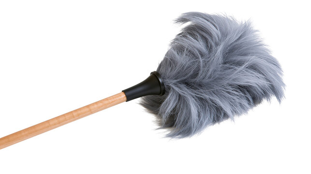 Gray fluffy duster with wooden handle and black connector