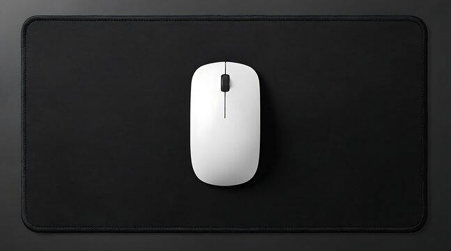 White computer mouse on a black mousepad for gaming or office work.