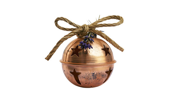 Rustic copper bell ornament with star cutouts and lavender sprig