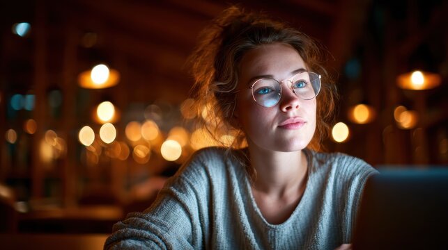 A thoughtful young woman gazes while working on her laptop in a warmly lit coffee shop, highlighting moments of introspection and creativity amidst a cozy atmosphere.